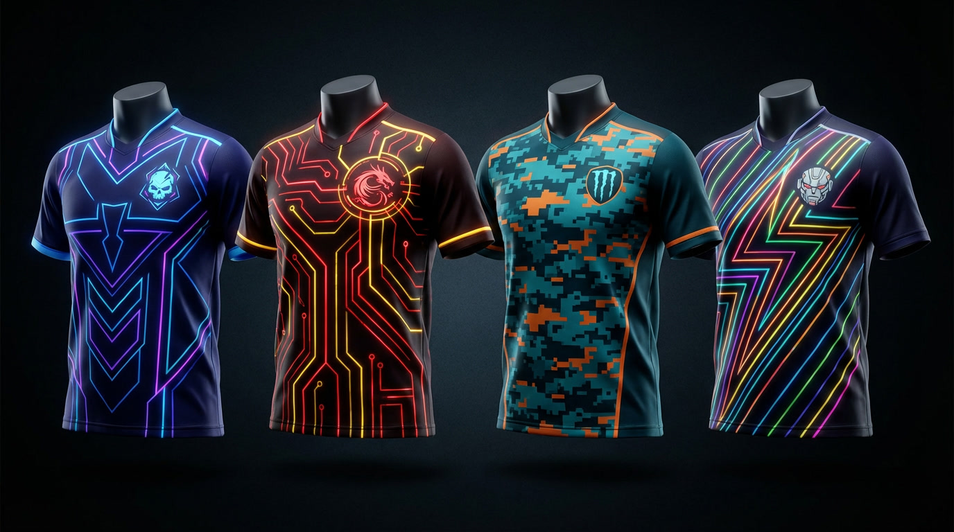 gemini image 2 Create a set of modern esports and gaming jerseys displayed in a row. Each jerse 0